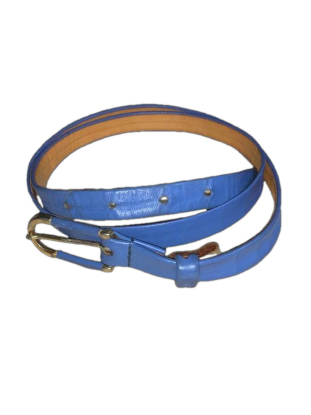 Emmanuel 1980s vintage thin blue leather belt with gold coloured buckle